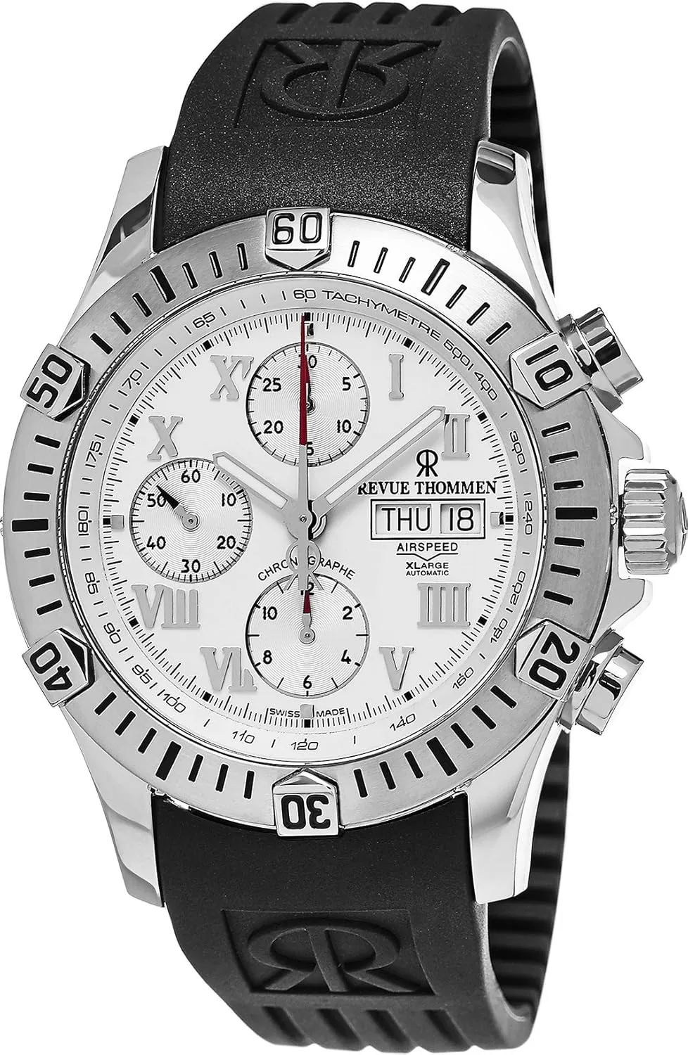 Airspeed XLarge Diver - Silver Dial Chronograph Day Date Watch Mens - Black Rubber Band Swiss Automatic Watch 16071.6838