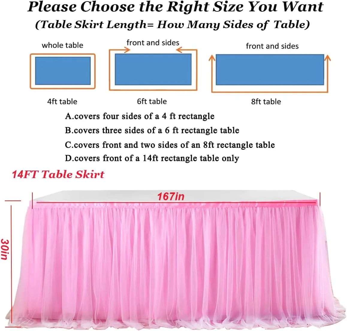 Albassa Pink Tulle Table Skirt for Rectangle or Round Tables Skirt with LED Light Baby Shower Tablecloth for Birthday Party Cake Dessert Table Decorations (L14(ft)*H 30in, A-Pink)