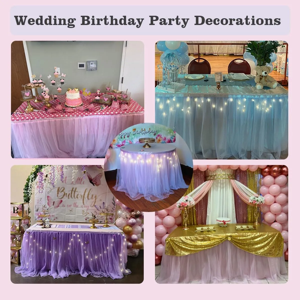 Albassa Pink Tulle Table Skirt for Rectangle or Round Tables Skirt with LED Light Baby Shower Tablecloth for Birthday Party Cake Dessert Table Decorations (L14(ft)*H 30in, A-Pink)