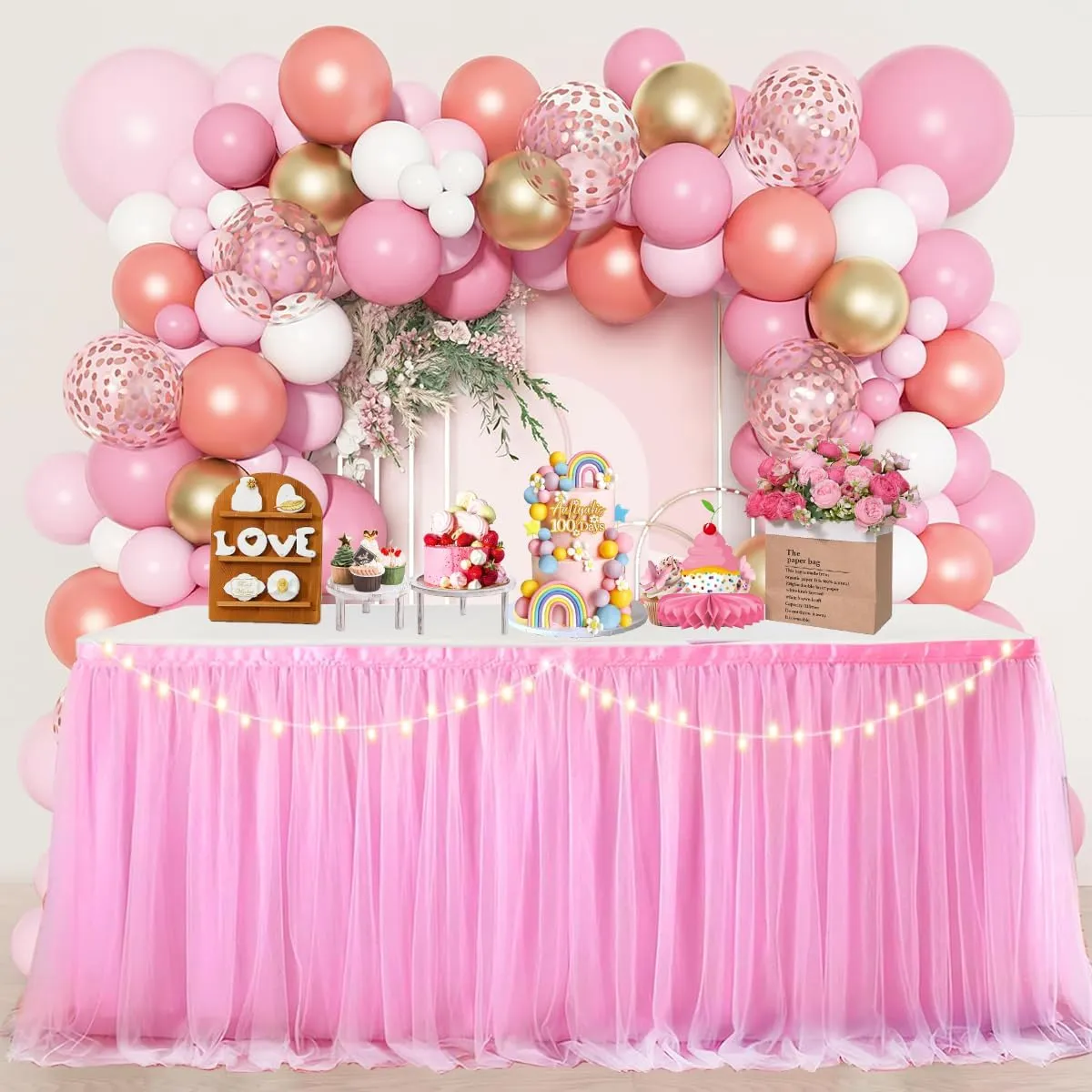 Albassa Pink Tulle Table Skirt for Rectangle or Round Tables Skirt with LED Light Baby Shower Tablecloth for Birthday Party Cake Dessert Table Decorations (L14(ft)*H 30in, A-Pink)