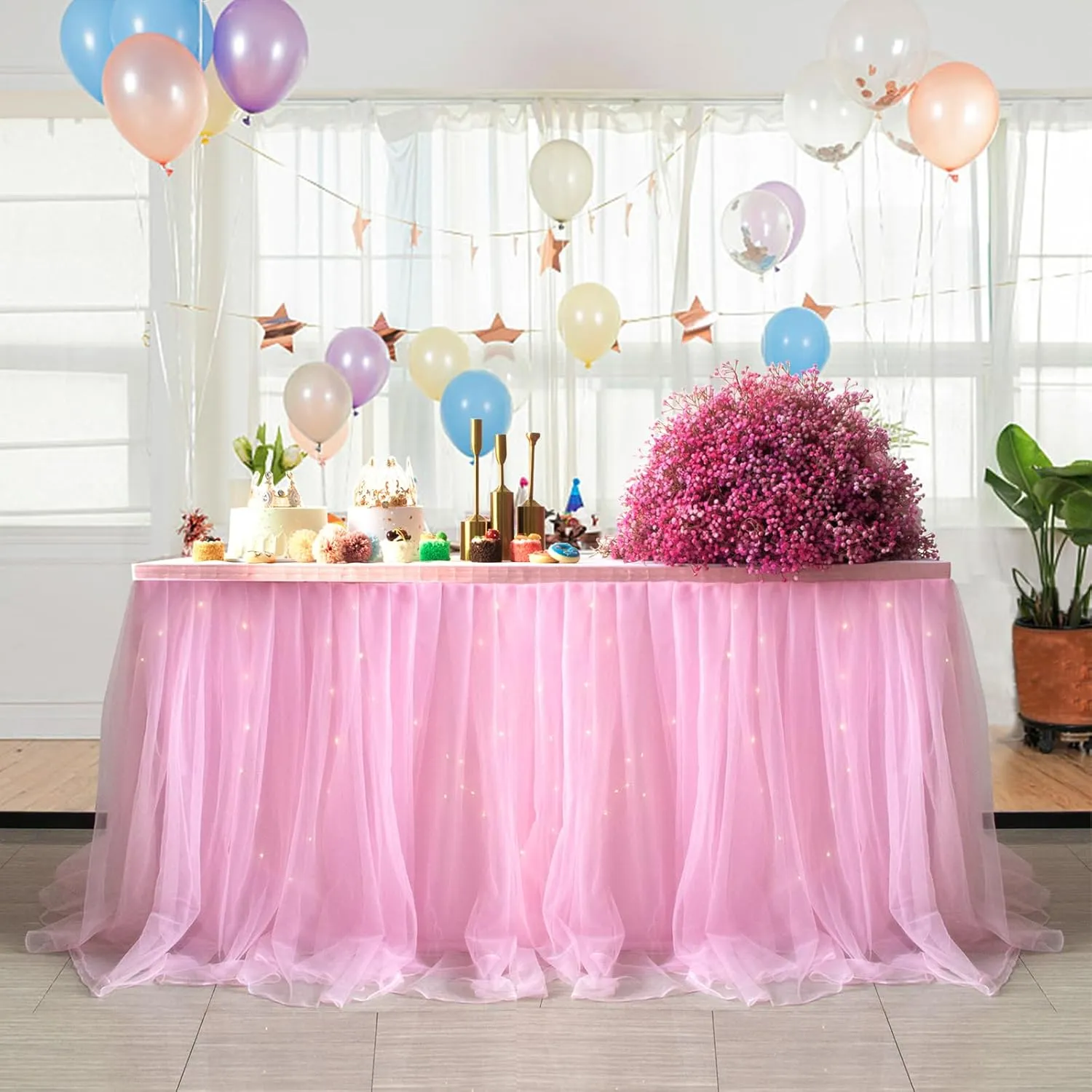 Albassa Pink Tulle Table Skirt for Rectangle or Round Tables Skirt with LED Light Baby Shower Tablecloth for Birthday Party Cake Dessert Table Decorations (L14(ft)*H 30in, A-Pink)