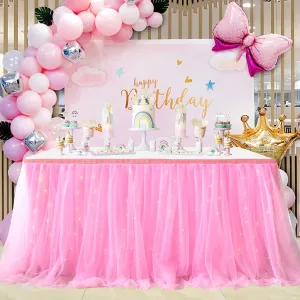 Albassa Pink Tulle Table Skirt for Rectangle or Round Tables Skirt with LED Light Baby Shower Tablecloth for Birthday Party Cake Dessert Table Decorations (L14(ft)*H 30in, A-Pink)