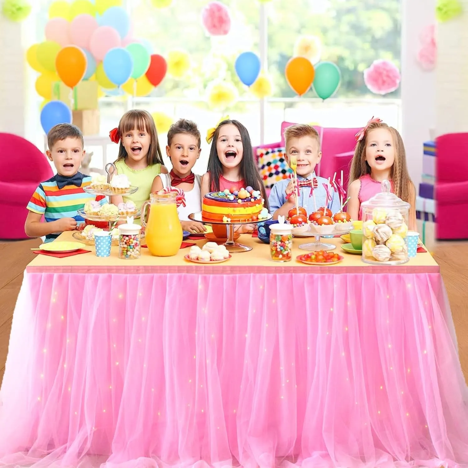 Albassa Pink Tulle Table Skirt for Rectangle or Round Tables Skirt with LED Light Baby Shower Tablecloth for Birthday Party Cake Dessert Table Decorations (L14(ft)*H 30in, A-Pink)