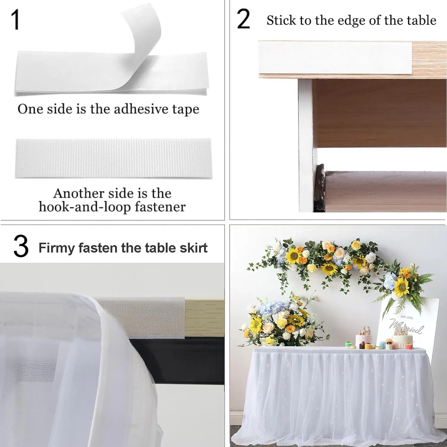 Albassa White Tulle Table Skirt for Rectangle or Round Tables 9ft Tutu Table Skirt with LED Light Baby Shower Tablecloth for Birthday Party Cake Dessert Table Decorations (White, L9(ft), H30in)