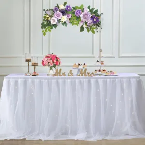 Albassa White Tulle Table Skirt for Rectangle or Round Tables 9ft Tutu Table Skirt with LED Light Baby Shower Tablecloth for Birthday Party Cake Dessert Table Decorations (White, L9(ft), H30in)
