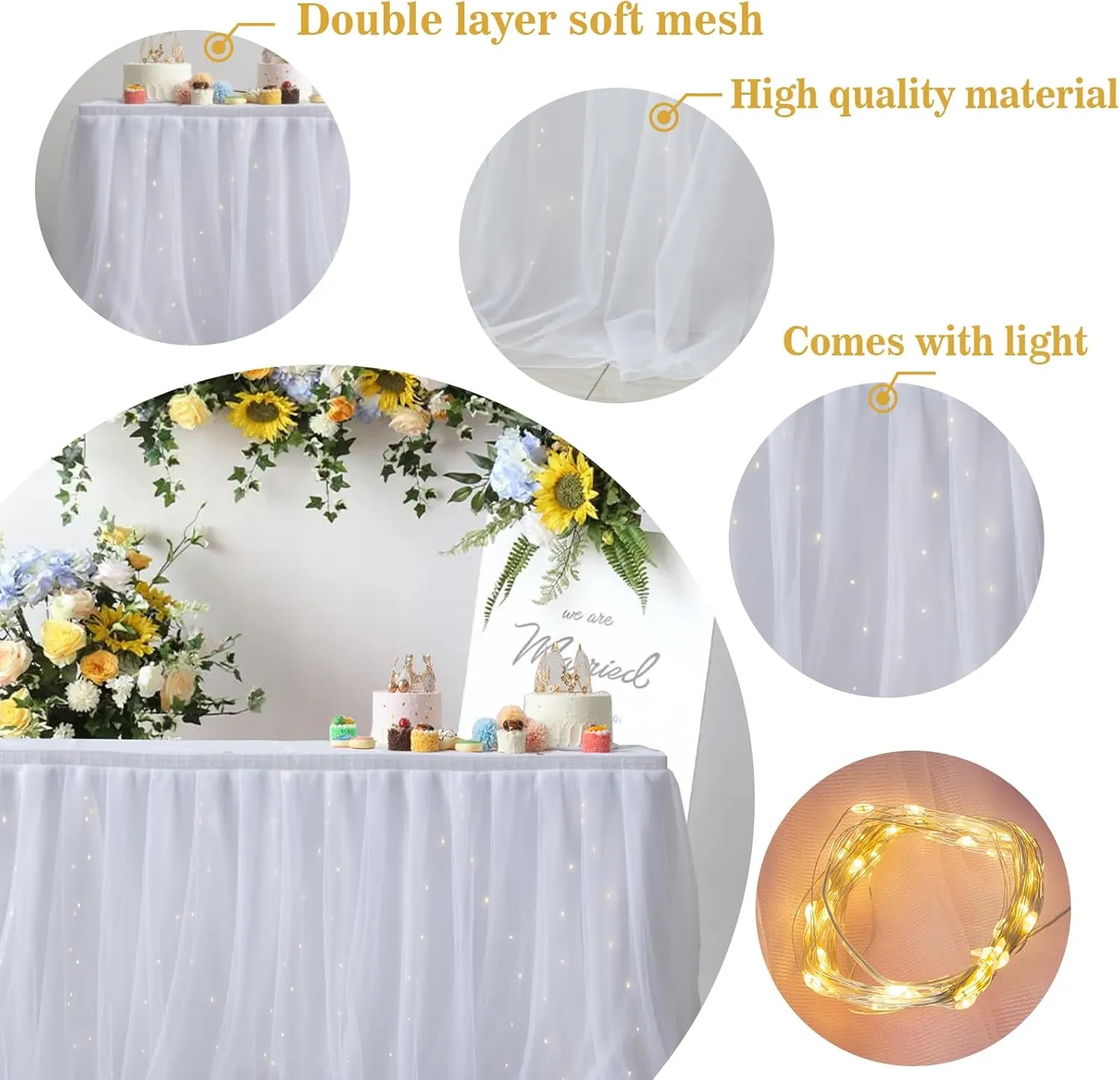 Albassa White Tulle Table Skirt for Rectangle or Round Tables 9ft Tutu Table Skirt with LED Light Baby Shower Tablecloth for Birthday Party Cake Dessert Table Decorations (White, L9(ft), H30in)