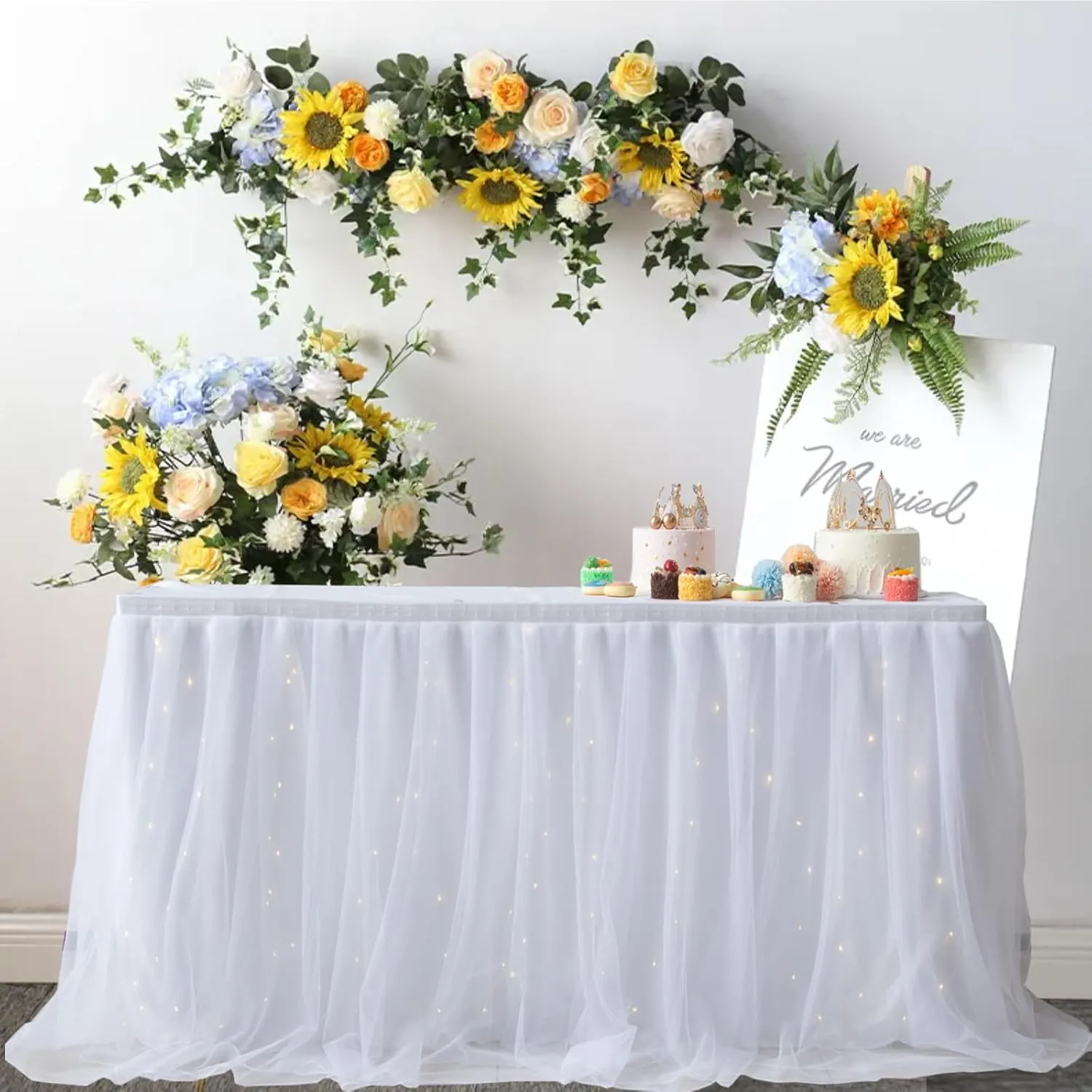 Albassa White Tulle Table Skirt for Rectangle or Round Tables 9ft Tutu Table Skirt with LED Light Baby Shower Tablecloth for Birthday Party Cake Dessert Table Decorations (White, L9(ft), H30in)