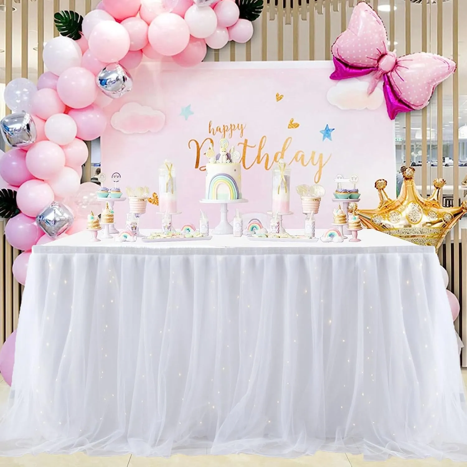 Albassa White Tulle Table Skirt for Rectangle or Round Tables 9ft Tutu Table Skirt with LED Light Baby Shower Tablecloth for Birthday Party Cake Dessert Table Decorations (White, L9(ft), H30in)