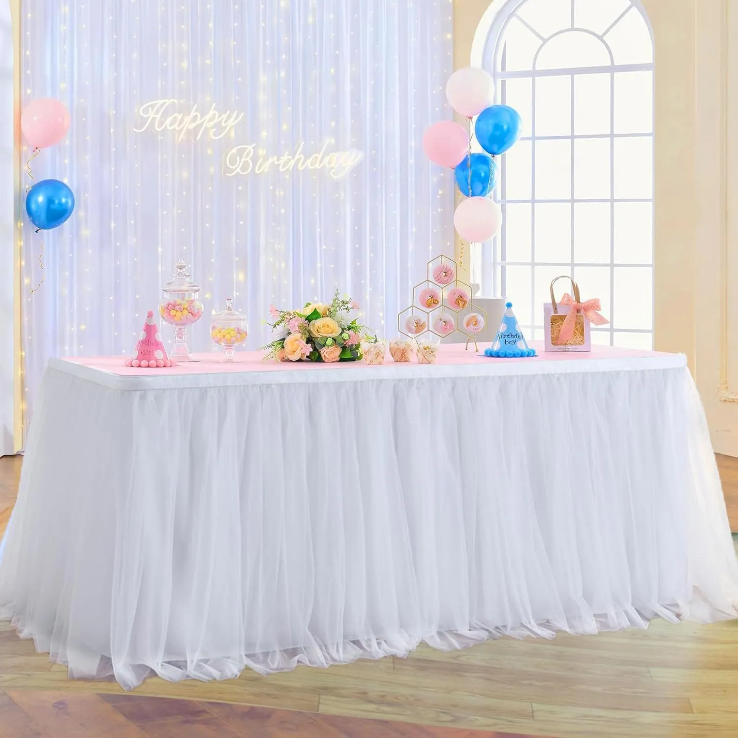 Albassa White Tulle Table Skirt for Rectangle or Round Tables 9ft Tutu Table Skirt with LED Light Baby Shower Tablecloth for Birthday Party Cake Dessert Table Decorations (White, L9(ft), H30in)