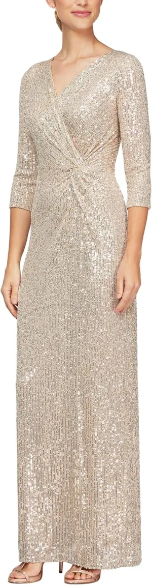 Alex Evenings Women's Long 3/4 Sleeve Formal Event Dress with Cinched Tie Waist (Petite and Regular Sizes)