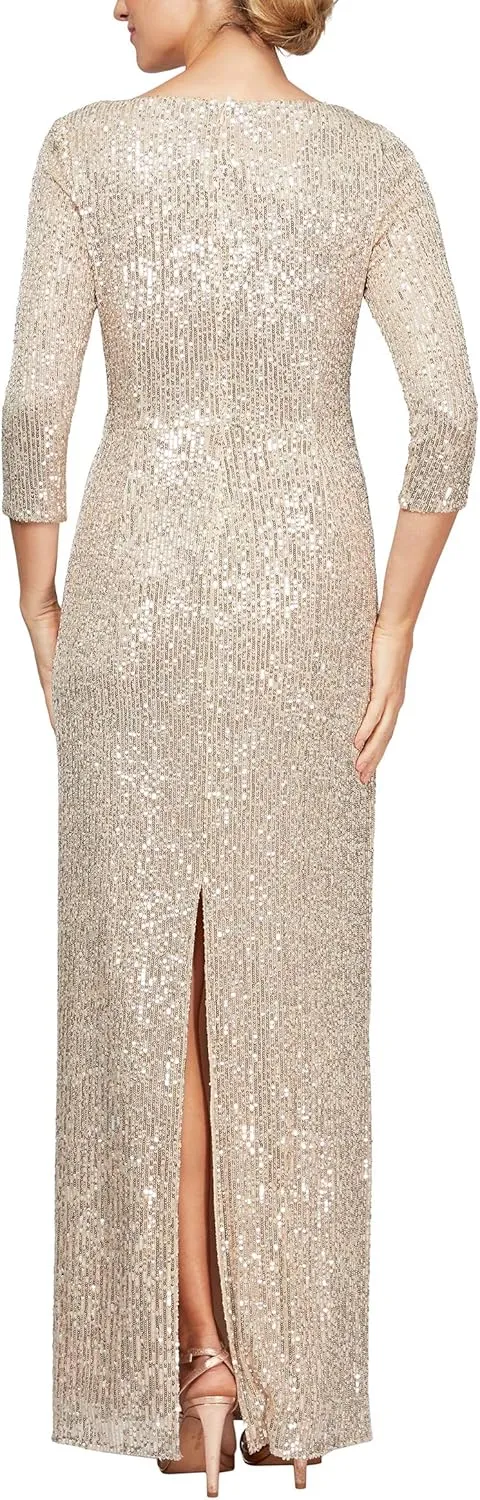 Alex Evenings Women's Long 3/4 Sleeve Formal Event Dress with Cinched Tie Waist (Petite and Regular Sizes)