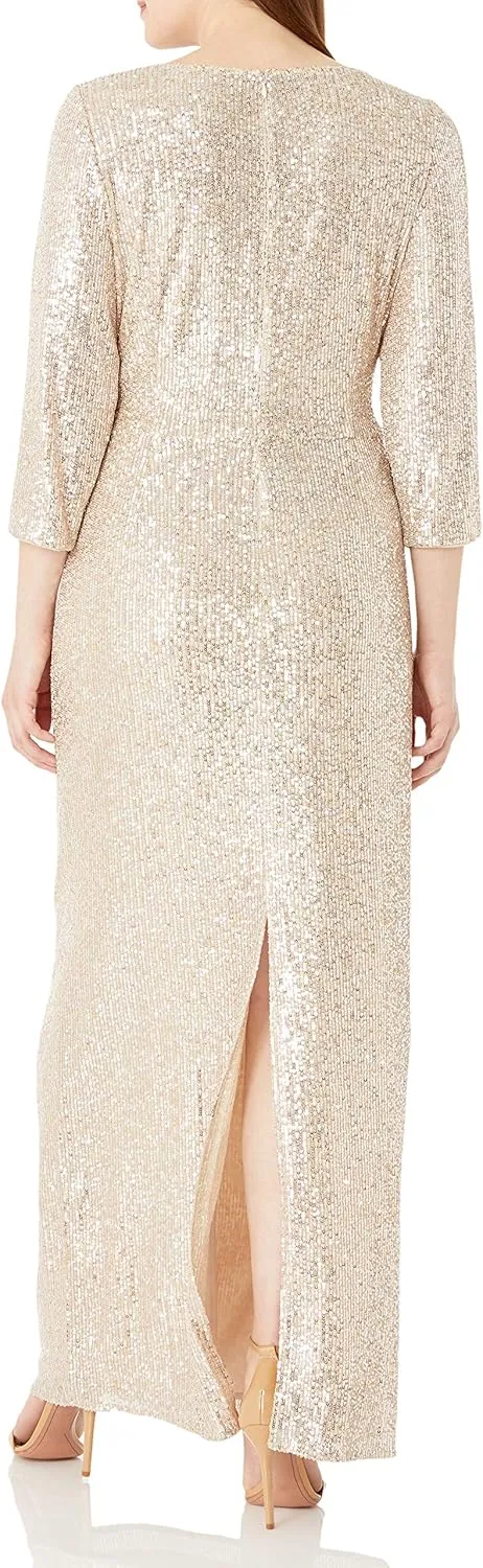 Alex Evenings Women's Long 3/4 Sleeve Formal Event Dress with Cinched Tie Waist (Petite and Regular Sizes)