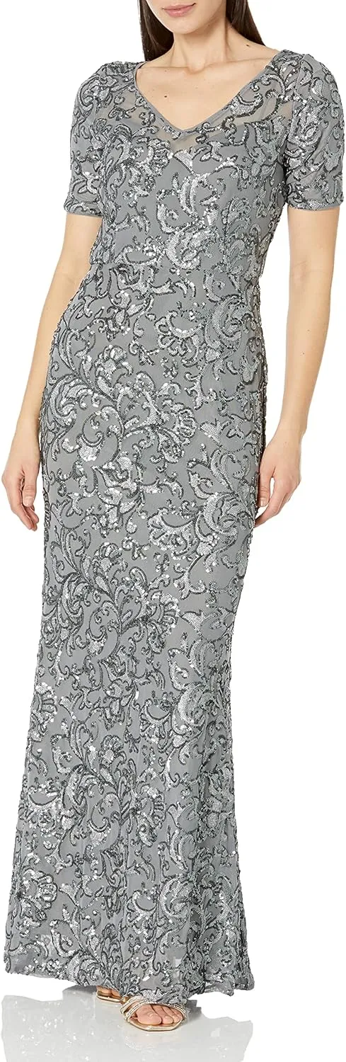 Alex Evenings Women's Long Length A-line Sequin Lace V-Neck Mother of The Bride Dress, Formal Event Gown with Short Sleeves