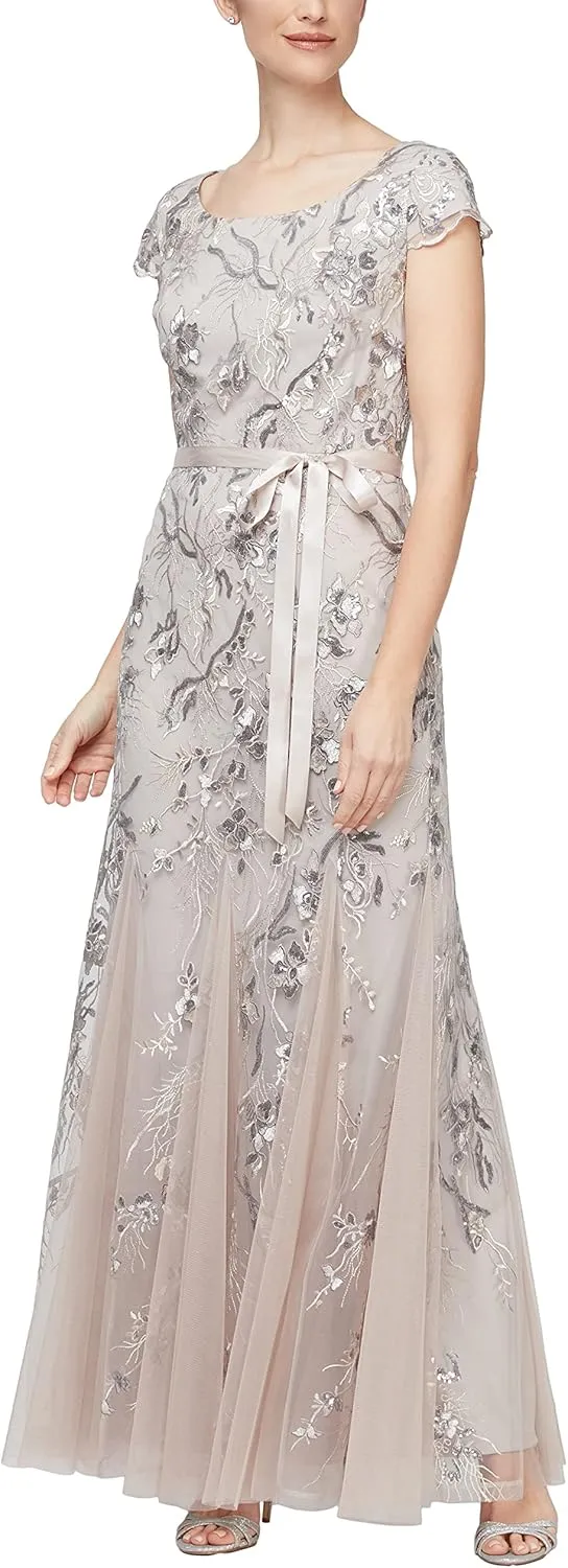 Alex Evenings Women's Long Length A-line Sequin Lace V-Neck Mother of The Bride Dress, Formal Event Gown with Short Sleeves