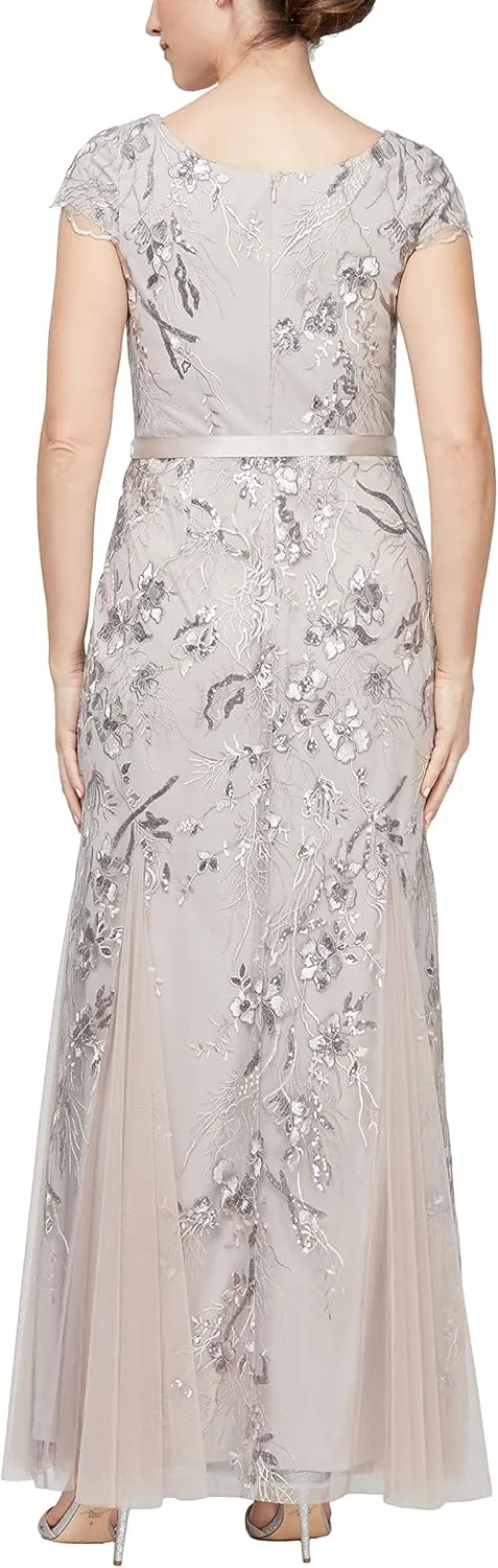 Alex Evenings Women's Long Length A-line Sequin Lace V-Neck Mother of The Bride Dress, Formal Event Gown with Short Sleeves