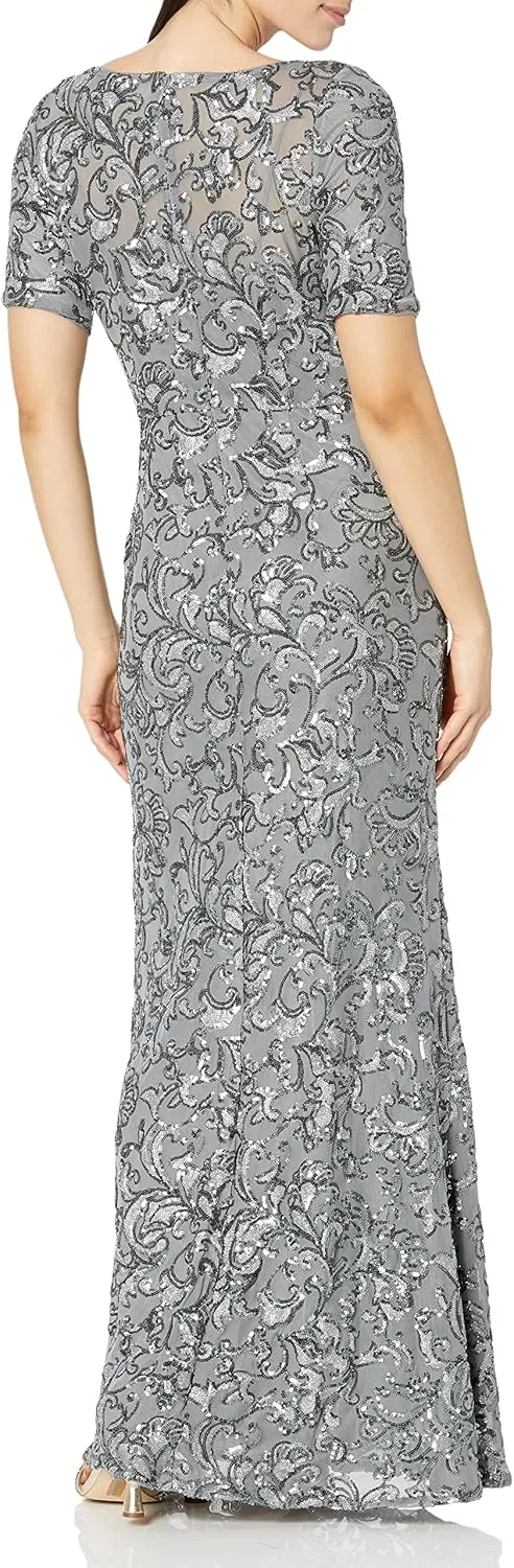 Alex Evenings Women's Long Length A-line Sequin Lace V-Neck Mother of The Bride Dress, Formal Event Gown with Short Sleeves