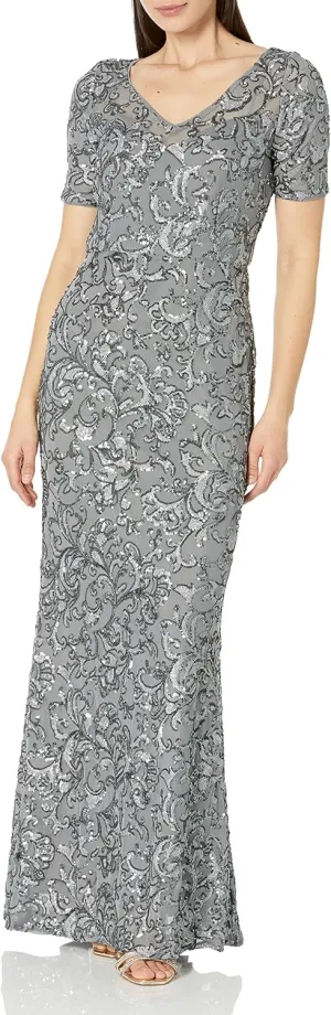 Alex Evenings Women's Long Length A-line Sequin Lace V-Neck Mother of The Bride Dress, Formal Event Gown with Short Sleeves