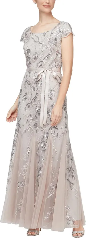 Alex Evenings Women's Long Length A-line Sequin Lace V-Neck Mother of The Bride Dress, Formal Event Gown with Short Sleeves