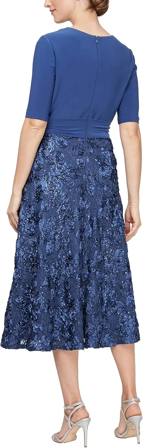 Alex Evenings Women's Tea Length Dress with Rosette Detail