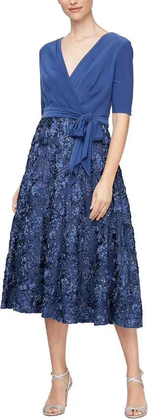 Alex Evenings Women's Tea Length Dress with Rosette Detail
