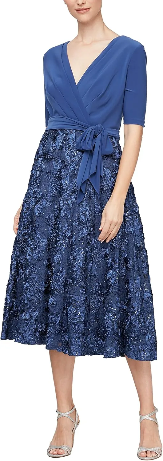 Alex Evenings Women's Tea Length Dress with Rosette Detail