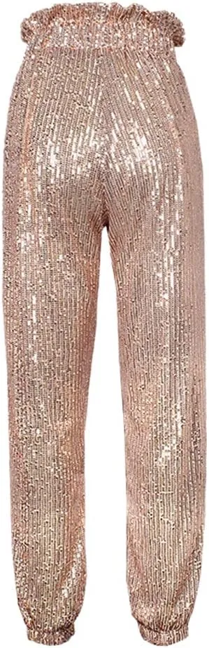 ALLUMK Womens Black Sequin Bling Legging Joggers Pencil Pants with Drawstring
