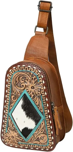 American Darling Adbg1481E Sling Hand Tooled Hair-On Genuine Leather Women Bag Western Handbag Purse