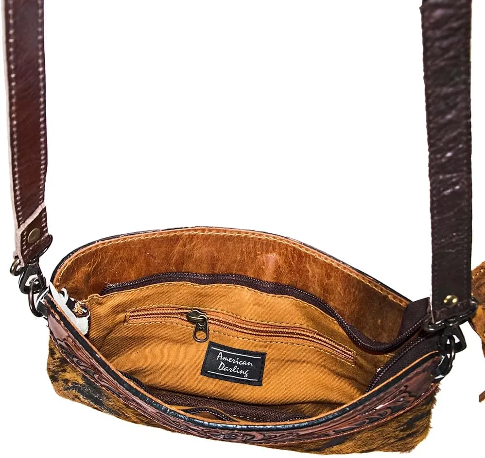 American Darling Small Crossbody Hand Tooled Hair On Genuine Leather Women Bag Western Handbag Purse