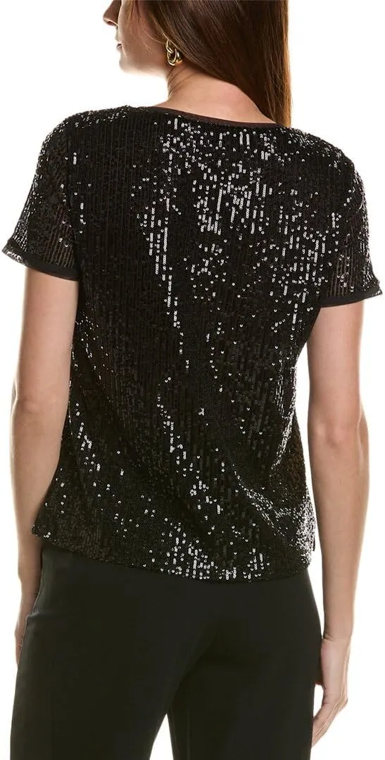 Anne Klein Women's Sequin W/Triple Mesh Ss Banded Tee