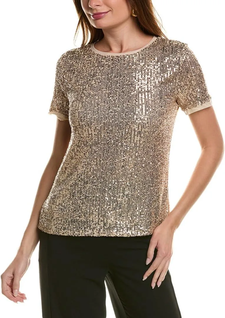 Anne Klein Women's Sequin W/Triple Mesh Ss Banded Tee