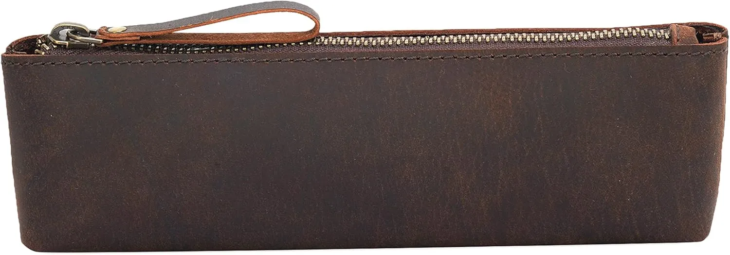 Antiq Leather Make-up & Pencil Pouch, Zippered Essentials Case, Brown