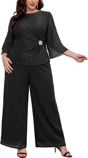 AOVDE Plus Size Pant Suits Mother of Bride Dressy Pant Suits 2 Piece Outfits with Pockets for Women Wedding Guest