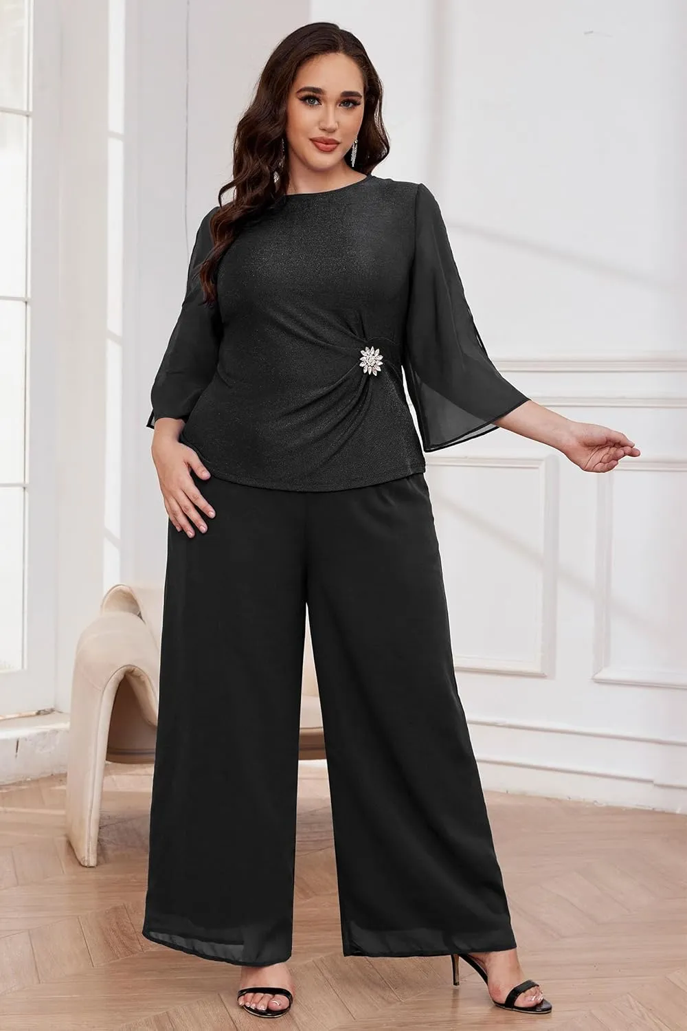 AOVDE Plus Size Pant Suits Mother of Bride Dressy Pant Suits 2 Piece Outfits with Pockets for Women Wedding Guest