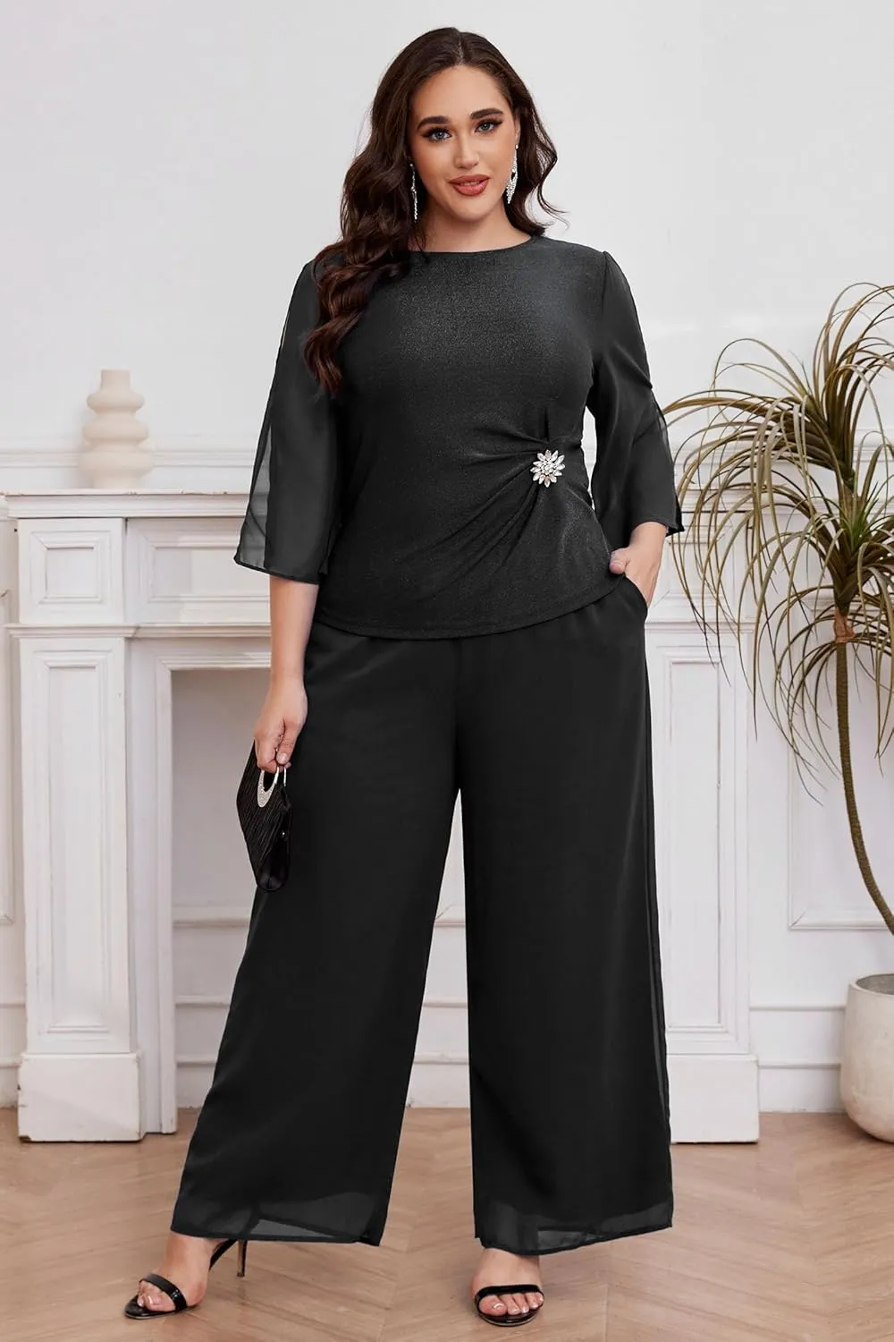 AOVDE Plus Size Pant Suits Mother of Bride Dressy Pant Suits 2 Piece Outfits with Pockets for Women Wedding Guest
