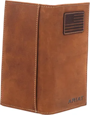 ARIAT Men's Rodeo Wallet, Medium Brown Genuine Leather, USA Flag Patch, Multiple Card Slots, 6-1/2" x 3-1/2"