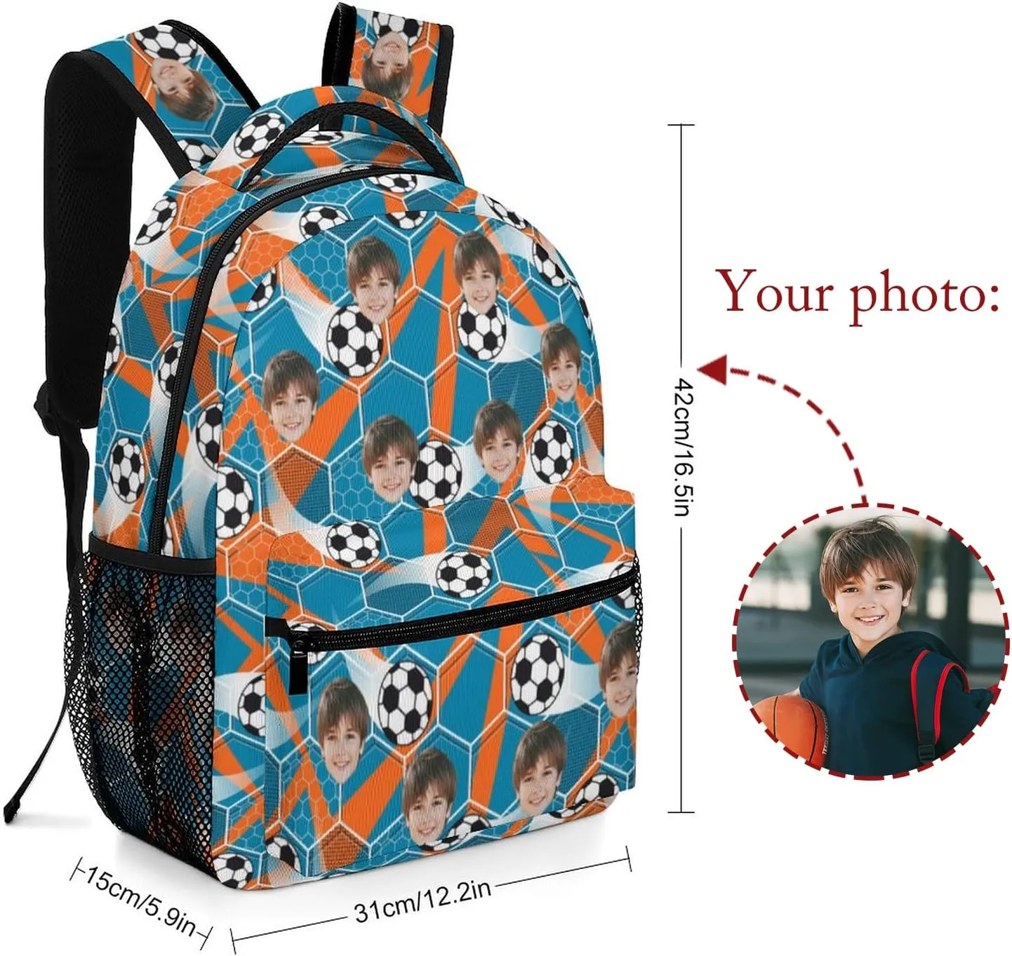 Artsadd Custom Student Backpack with Face, Personalized Football Schoolbag Travel Backpack for Boys Teens, Personalized Photo Daypack Funny Gifts for New Semester Preschool Birthday & Back to School