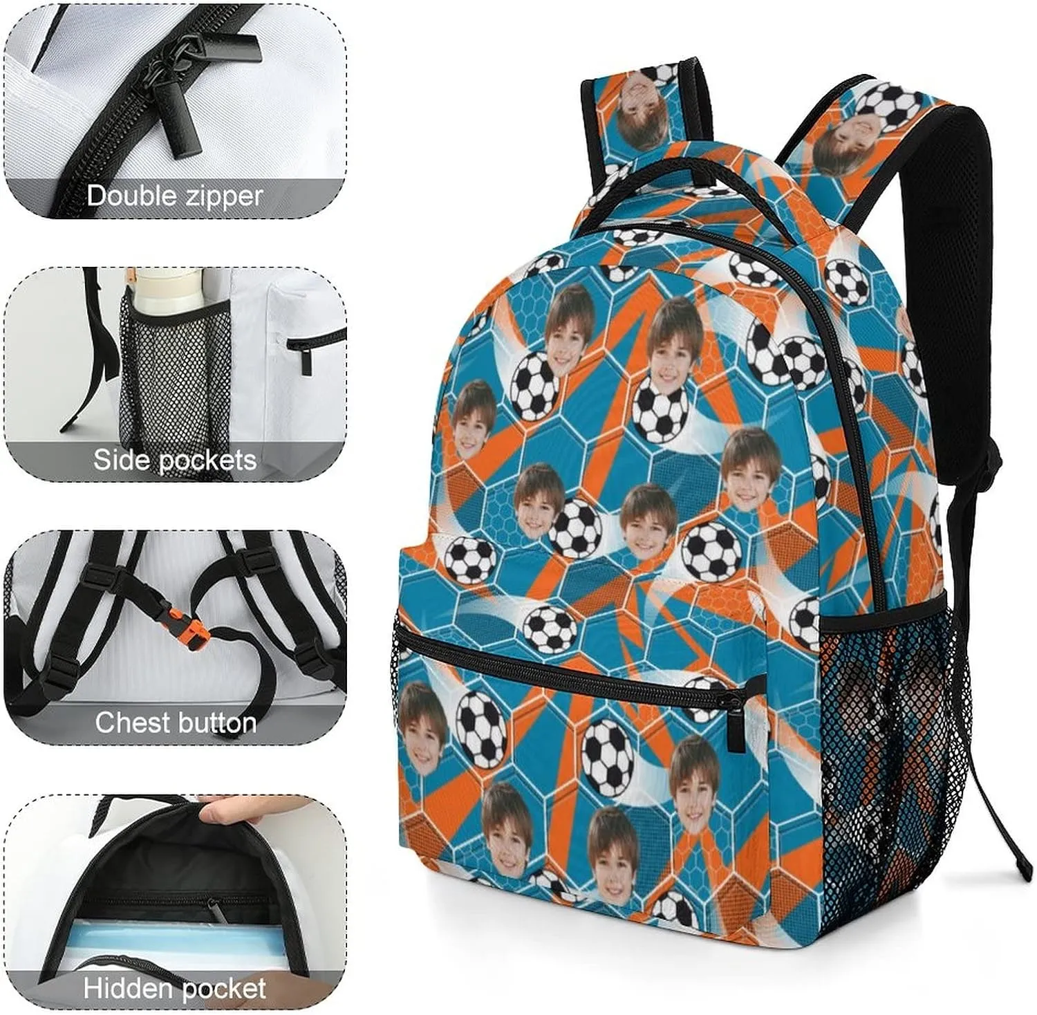 Artsadd Custom Student Backpack with Face, Personalized Football Schoolbag Travel Backpack for Boys Teens, Personalized Photo Daypack Funny Gifts for New Semester Preschool Birthday & Back to School