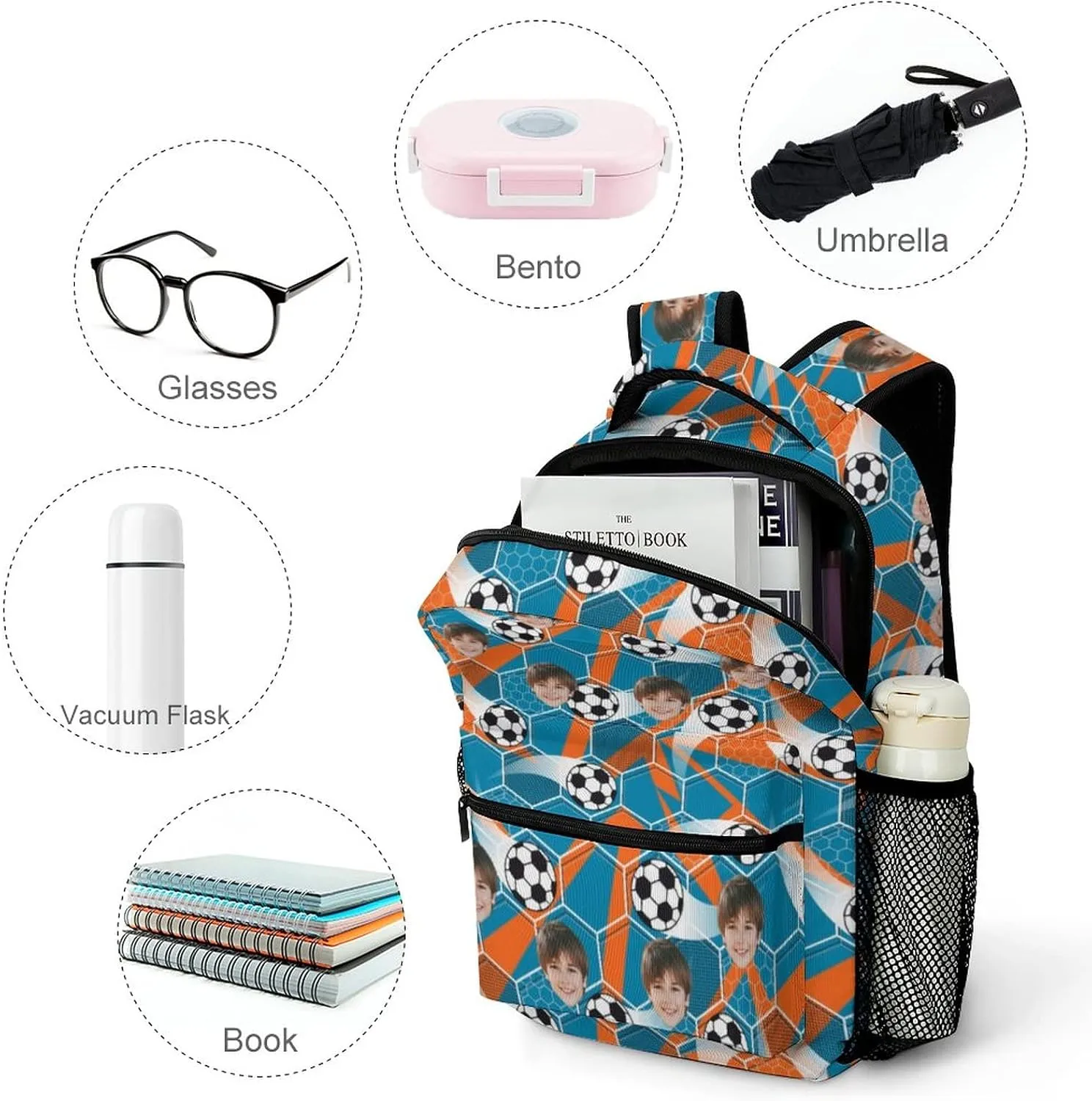 Artsadd Custom Student Backpack with Face, Personalized Football Schoolbag Travel Backpack for Boys Teens, Personalized Photo Daypack Funny Gifts for New Semester Preschool Birthday & Back to School