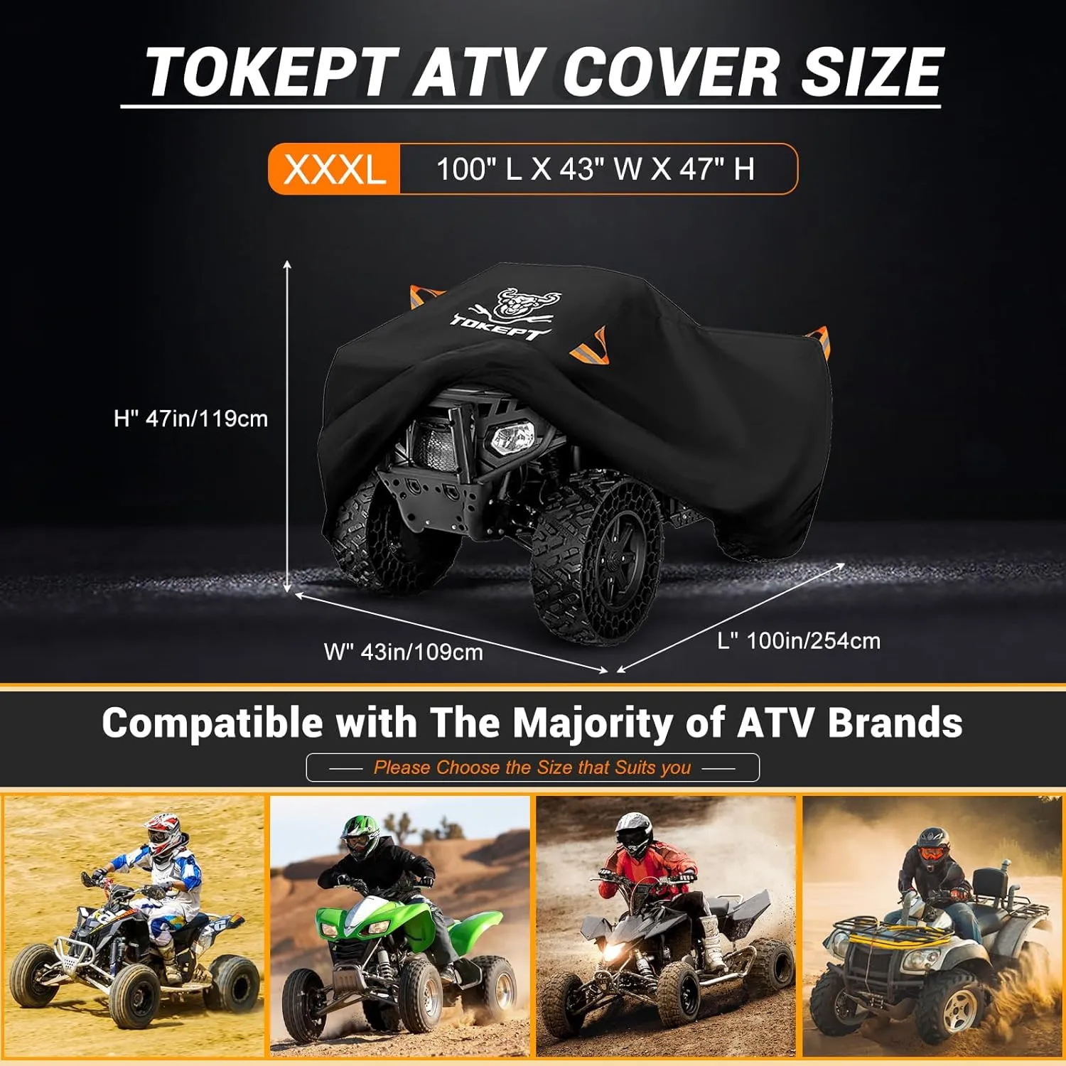 ATV Cover, Waterproof Heavy Duty 4 Wheeler Cover Quad Cover All Season Weather Proof Outdoor UV Protection for 100 Inch Polaris Kawasaki Yamaha Suzuki Honda (Black XXXLarge)