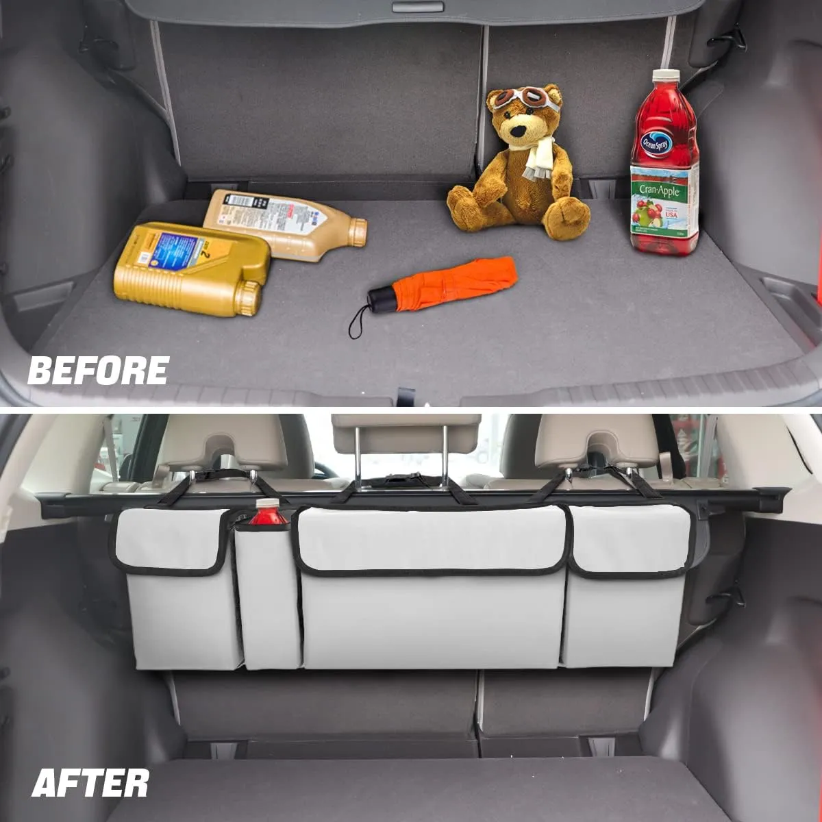 AUCELI Car Trunk Organizer, Backseat Hanging Large Storage with Adjustable Straps, Waterproof Collapsible Cargo Bag with 4 Pockets, Sturdy Space Saver Frees Trunk Floor for SUV, Truck, MPV