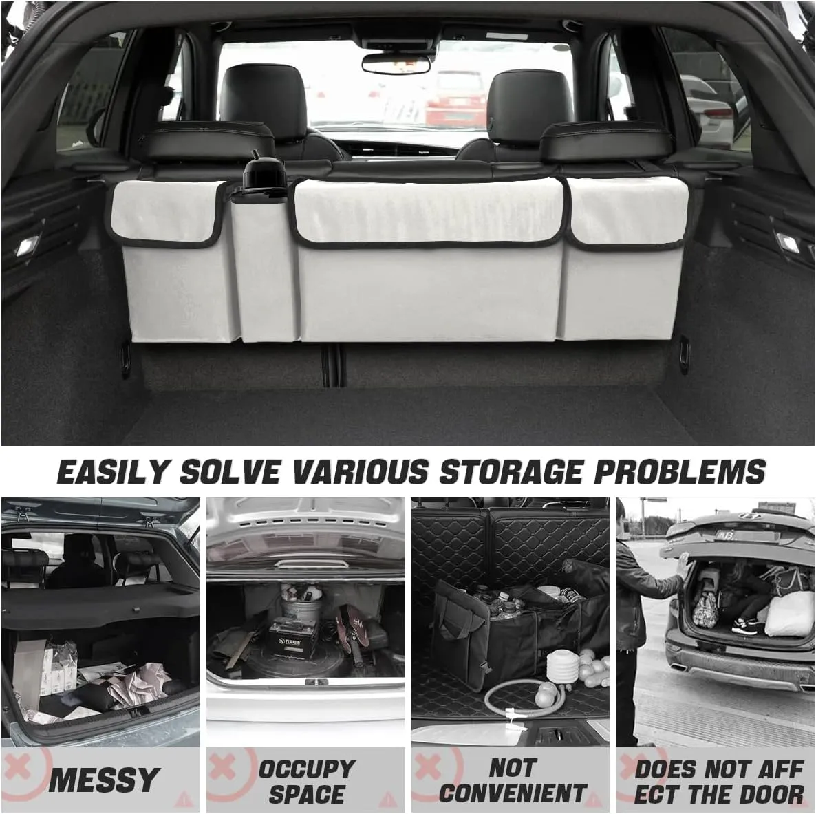 AUCELI Car Trunk Organizer, Backseat Hanging Large Storage with Adjustable Straps, Waterproof Collapsible Cargo Bag with 4 Pockets, Sturdy Space Saver Frees Trunk Floor for SUV, Truck, MPV