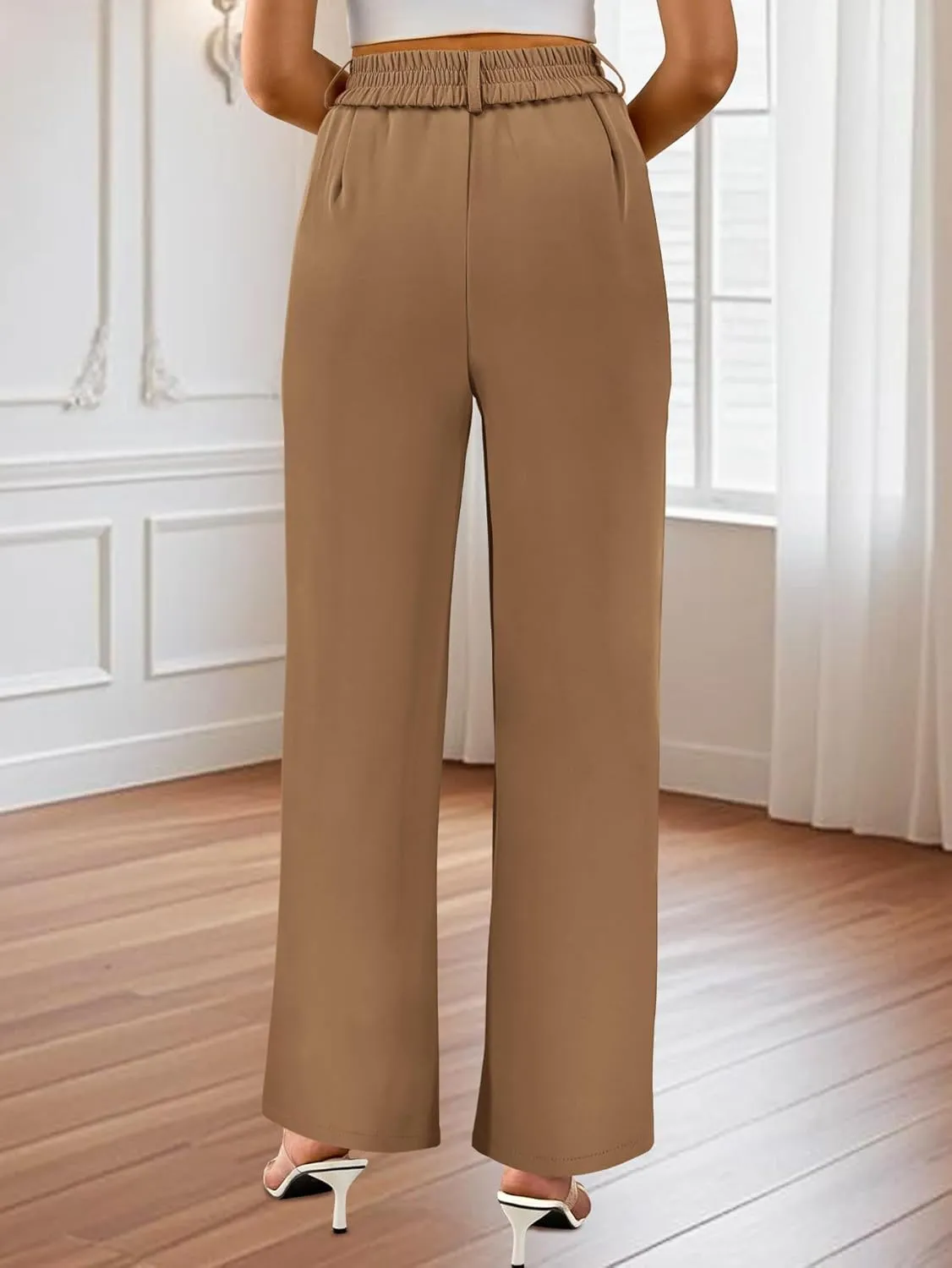 AUXDIO Womens Straight Leg Pants Casual High Waisted Stretchy Double Buttoned Trousers Work Business Dress Pant