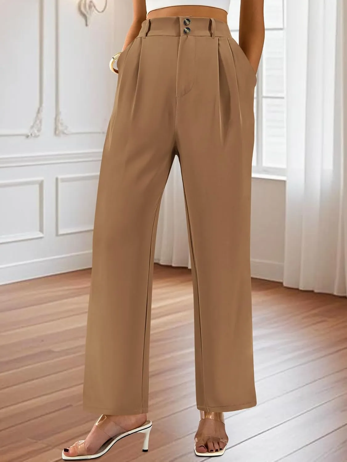 AUXDIO Womens Straight Leg Pants Casual High Waisted Stretchy Double Buttoned Trousers Work Business Dress Pant