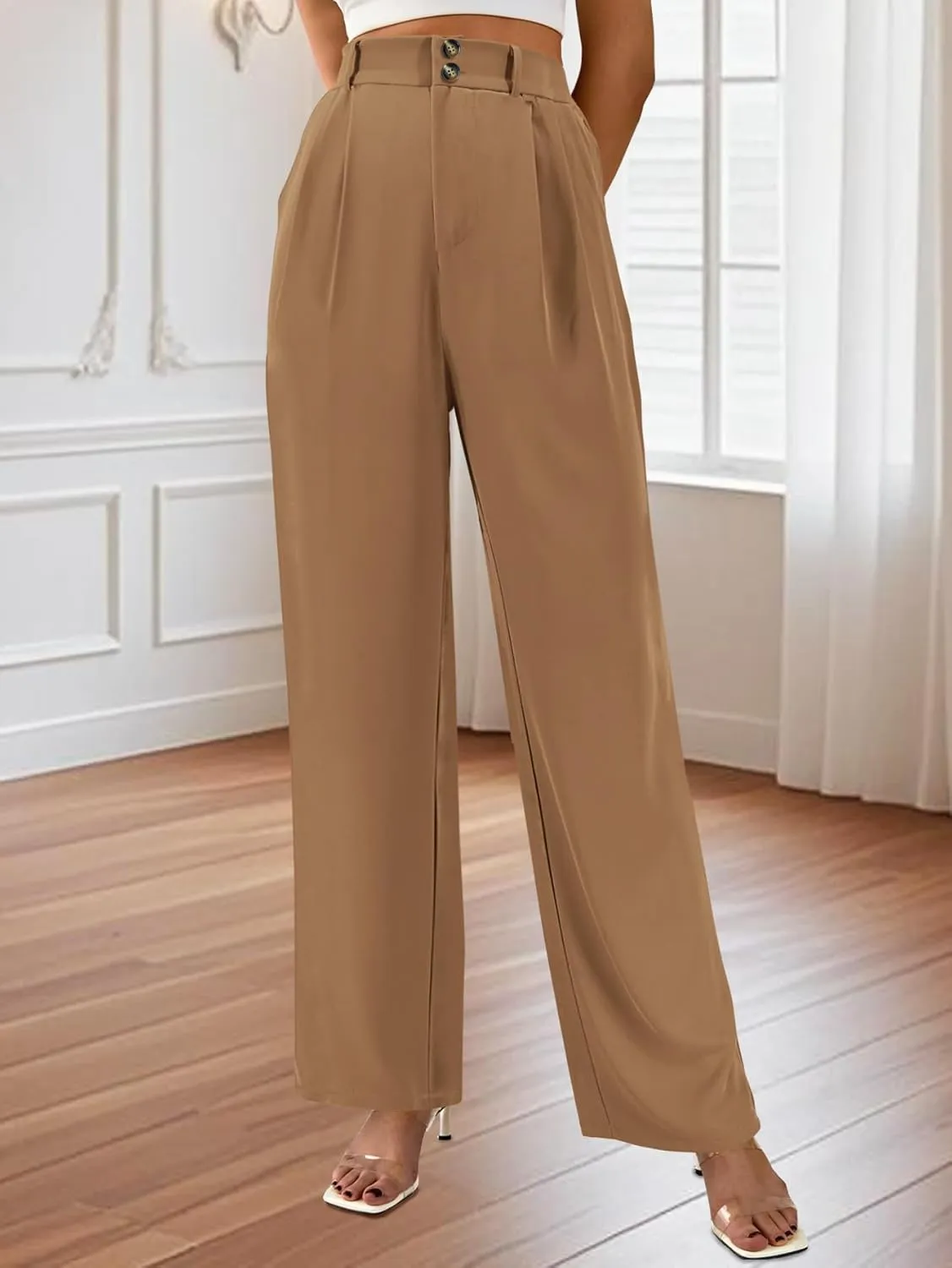 AUXDIO Womens Straight Leg Pants Casual High Waisted Stretchy Double Buttoned Trousers Work Business Dress Pant