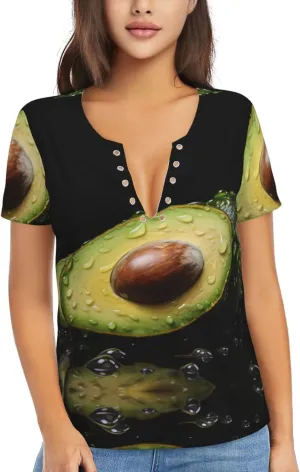 Avocado Edible Fruits Printed Women's Slim deep V-Neck Short-Sleeved, Yoga Running Training Clothes