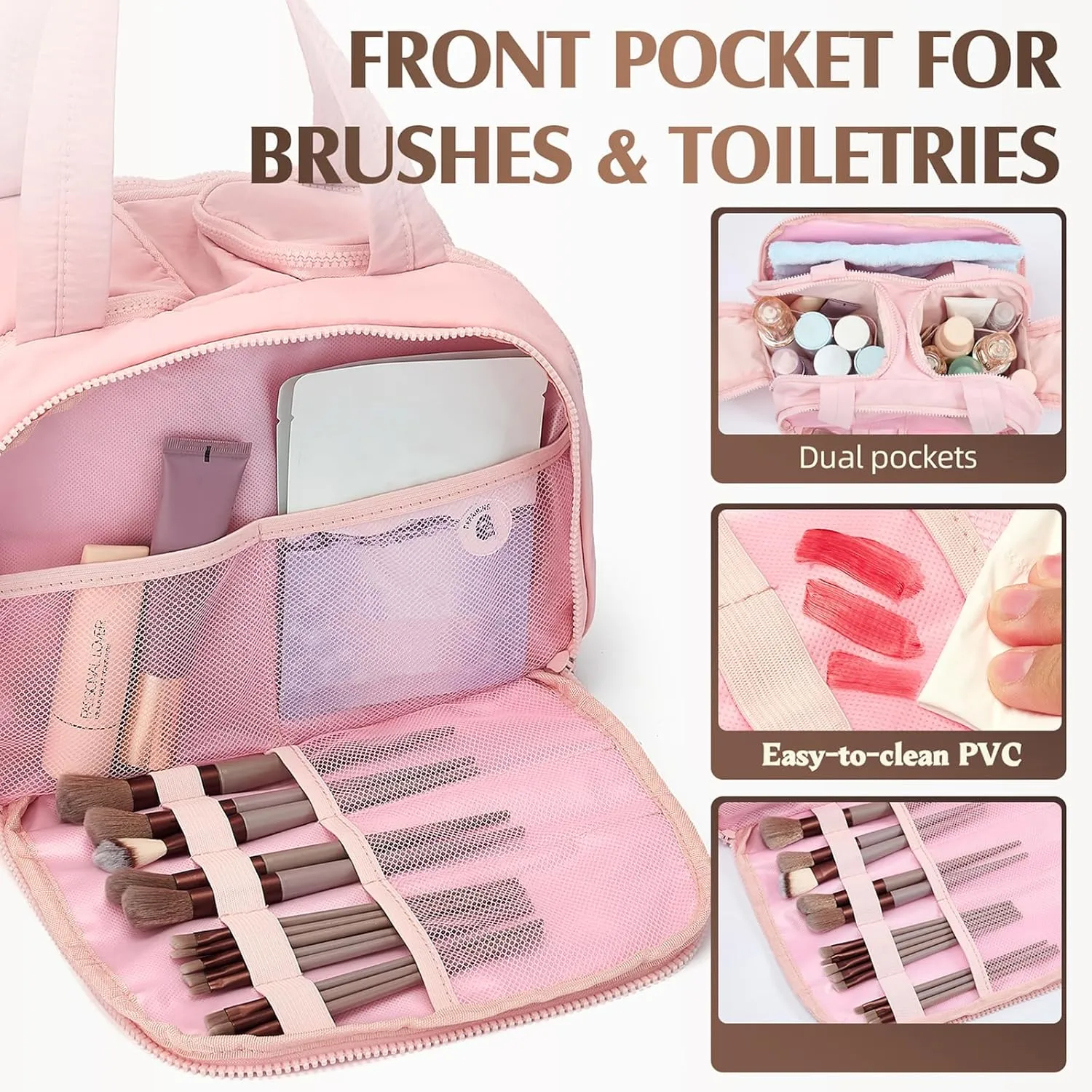 Azooken Women's Travel Toiletry Bag - Oversized Puffy Cosmetic Bag with Wide-Mouth Design,Makeup Essentials,Toiletries & Bathroom Accessories-Pink