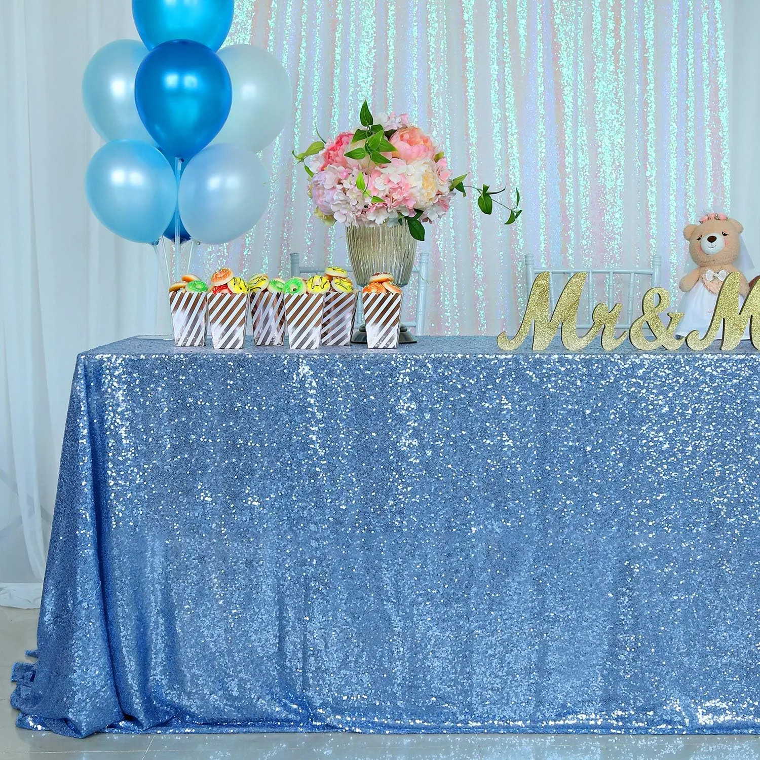 B-COOL Baby Shower Table Cloth 90x132 Inch Sequin Tablecloth Glitter Overlays Baby Blue Sparkly Glam Wedding Decor Shimmer Mermaid Theme Party Decor