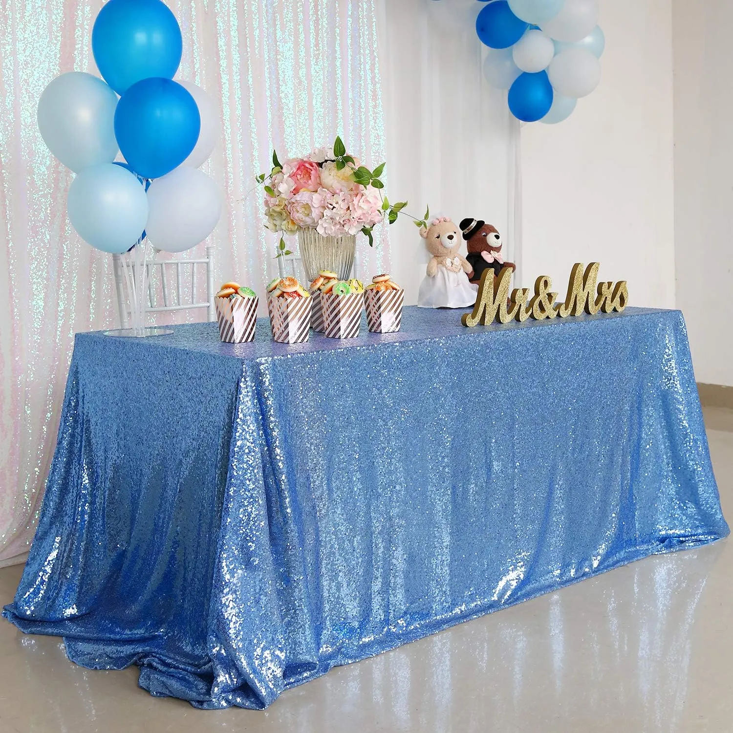 B-COOL Baby Shower Table Cloth 90x132 Inch Sequin Tablecloth Glitter Overlays Baby Blue Sparkly Glam Wedding Decor Shimmer Mermaid Theme Party Decor
