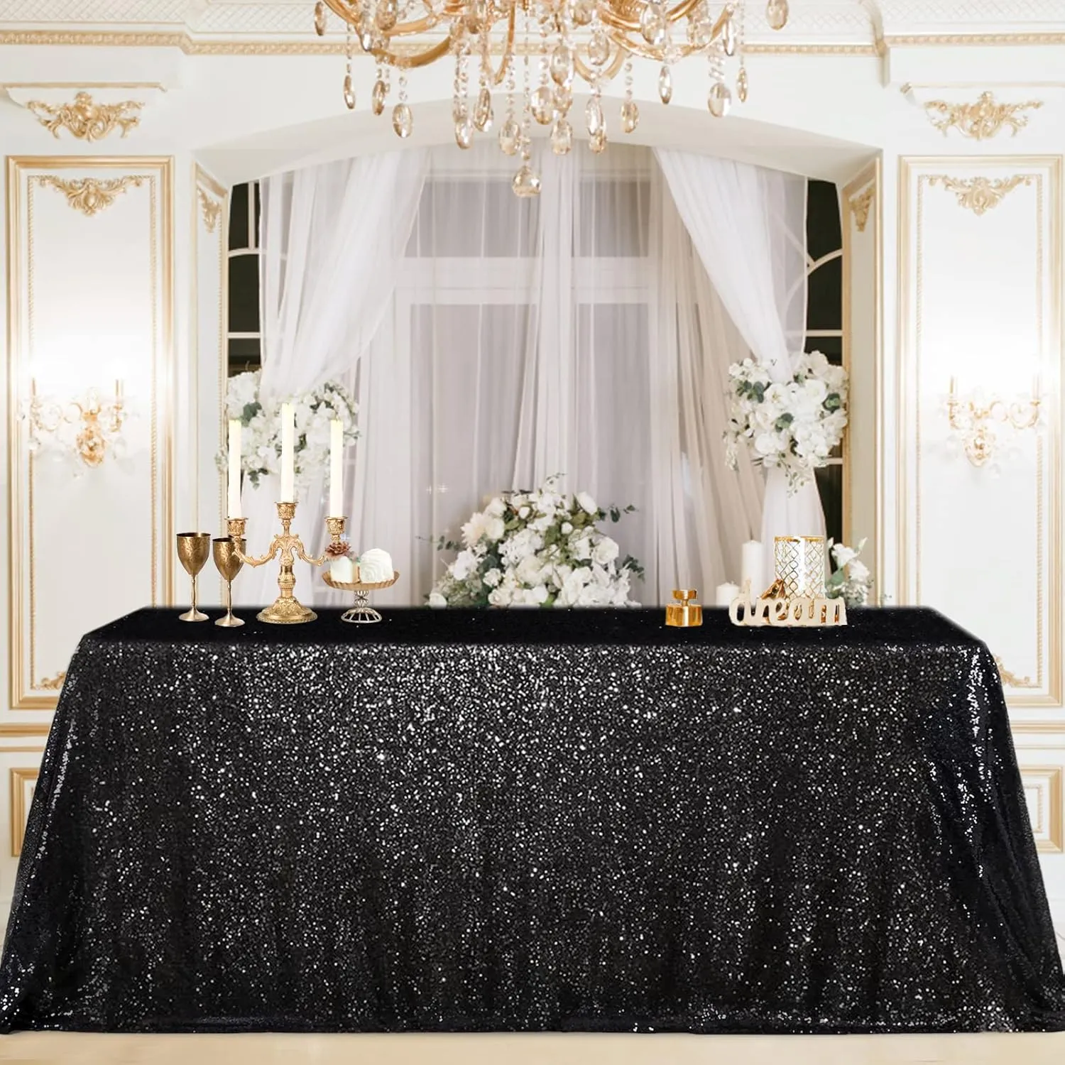 B-COOL Seamless Sequin Table Cloth Black Glitter Design Table Cloth Wedding Overlay Birthday Party Tables Decoration 90x132-inch (Black)