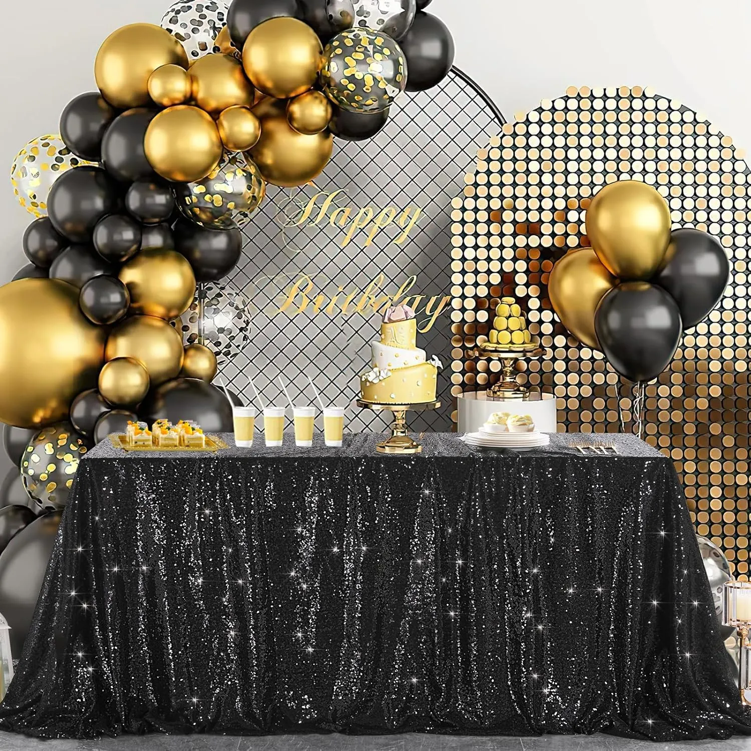 B-COOL Seamless Sequin Table Cloth Black Glitter Design Table Cloth Wedding Overlay Birthday Party Tables Decoration 90x132-inch (Black)